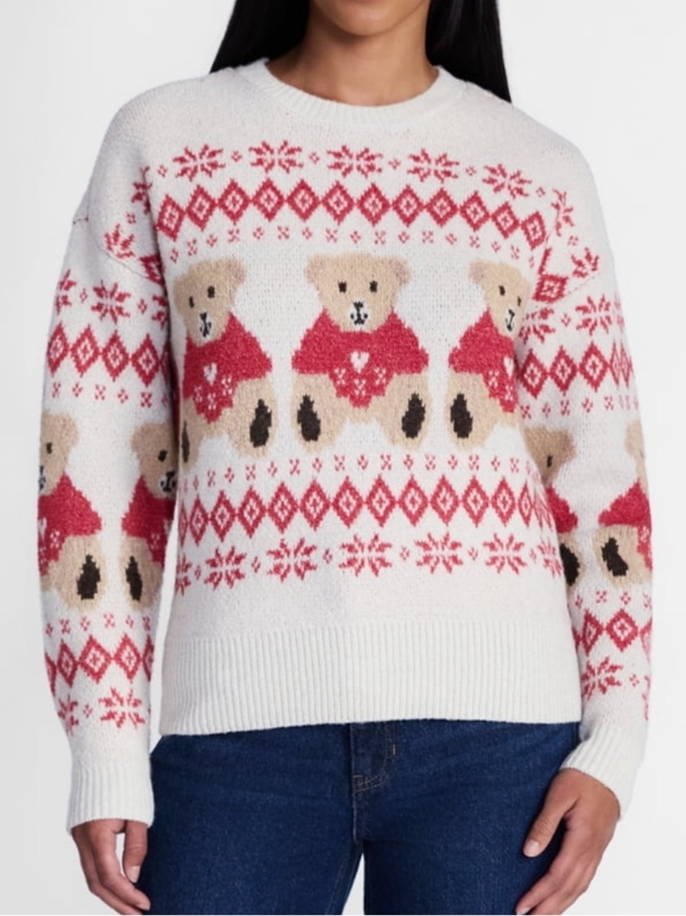 Cozy White & Red Holiday Teddy Fair Isle Sweater